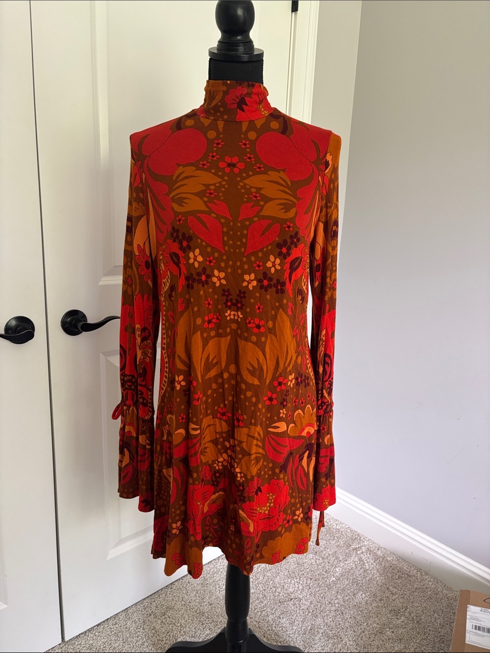 Free People Red & Brown Floral Mock-Neck Long-Sleeve Dress